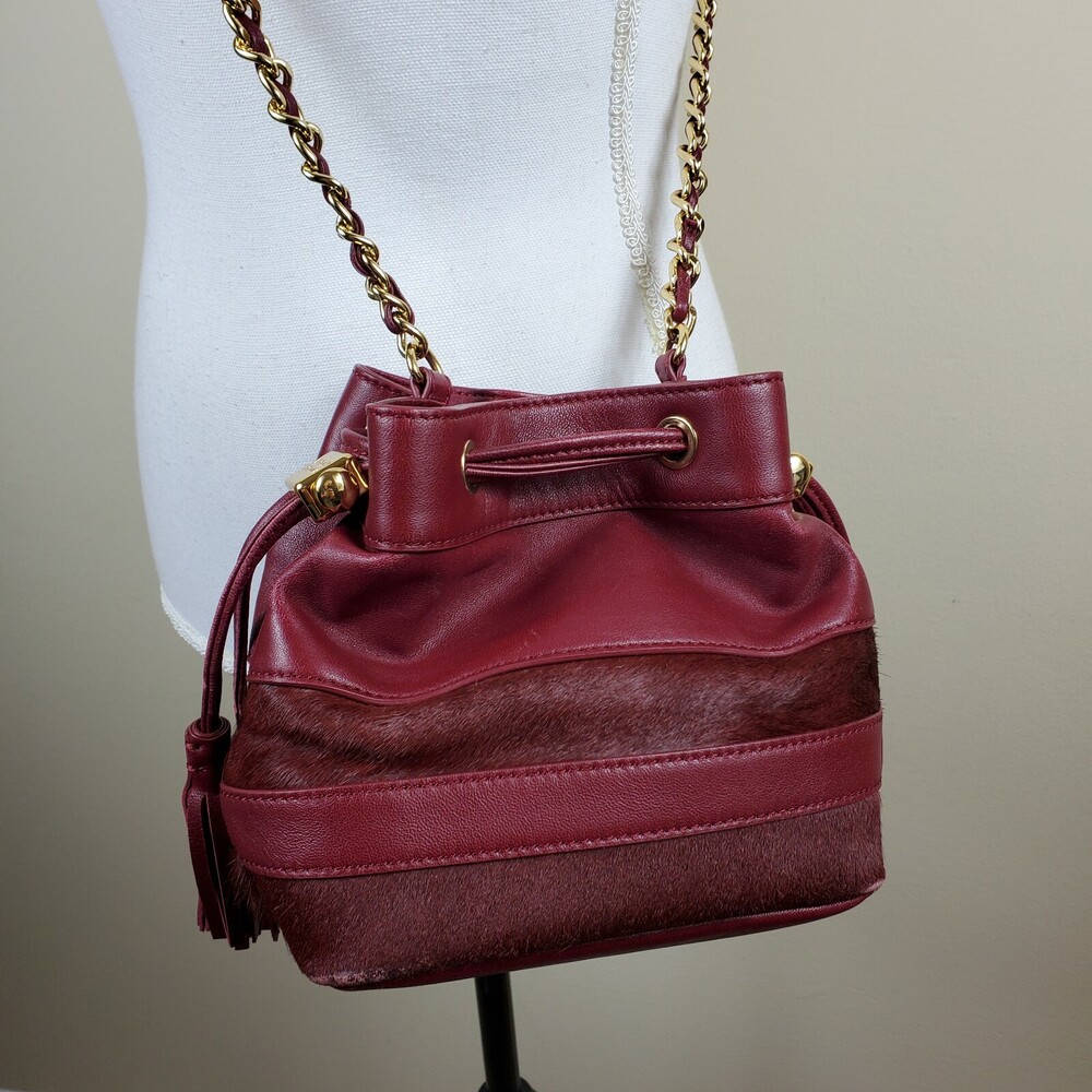 BADGLEY MISCHKA Bucket Bag Purse Small Red Golden Chain Calf Hair